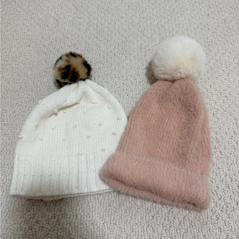 Mudpie Kids Pom-Pom Beanie Hat - Cream and Blush (Set of 2)